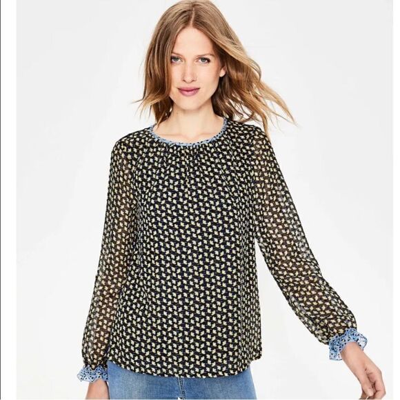 Boden Top Womens Size 8 Ivy Jersey Floral Print Ruffle Blouse Boho long sleeve - Picture 1 of 15